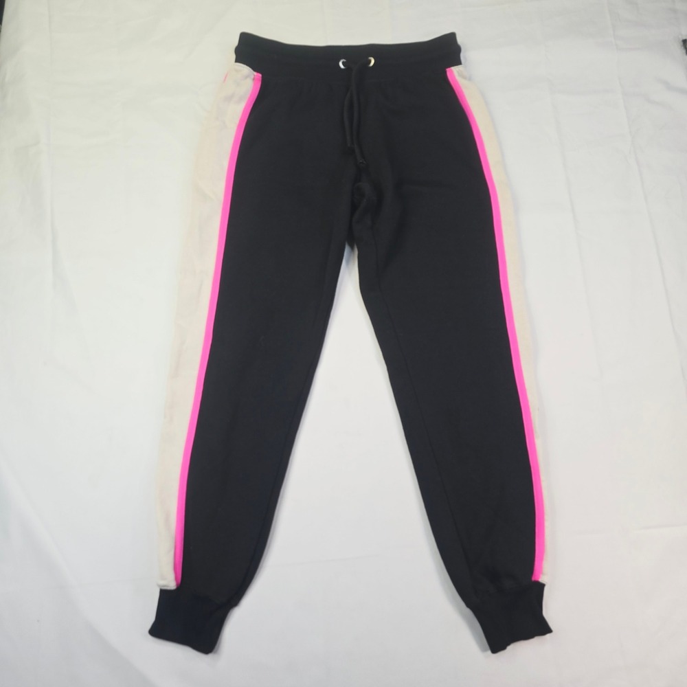 Bebe Sport Jogger Pants Womens Small Black Pink Cream Stripe Athletic Sweatpants